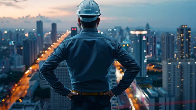 Cityscape Guardian: An engineer in a hard hat surveys a sprawling metropolis, bathed in the tranquil hues of twilight, symbolizing visionary leadership.
