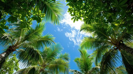 Obraz premium Tropical paradise palm trees, blue sky, vacation
