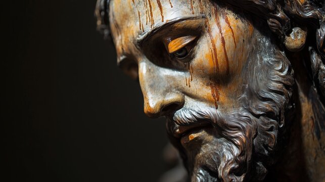 Holzskulptur von Jesus mit dramatischen Farbakzenten. Ausdrucksstarke Trauer in religi&ouml;ser Darstellung