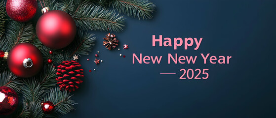 dark blue background with red Christmas ornaments and pine branches in the corners