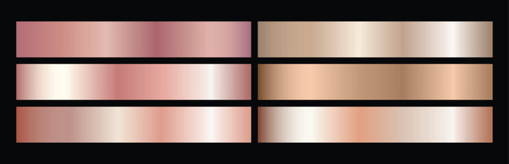 Set of copper, rose gold metal pattern.   Vector golden elegant, shiny and metalic gradient collection for border, frame, ribbon, label design.