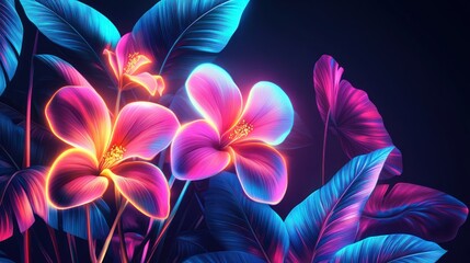 Obraz premium Glowing Neon Tropical Flowers and Leaves Against a Dark Background