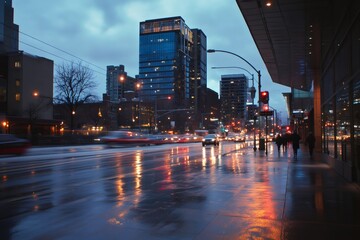 Obraz premium Cityscape at Dusk: A mesmerizing view of a vibrant cityscape during twilight, featuring the glow of city lights reflecting off a wet street. capturing the energy and essence of urban life.