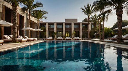 Beautiful luxury umbrella and chair around outdoor swimming pool in hotel and resort with coconut palm tree 