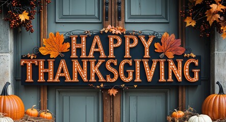 happy thanksgiving lettering on a signage in door background