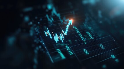 aerial view of digital finance dashboard with green bar charts and bold upward arrow representing financial expansion