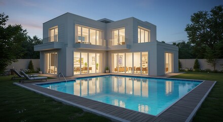 Fototapeta premium Modern house glows softly at dusk reflecting in tranquil pool. AI Generated