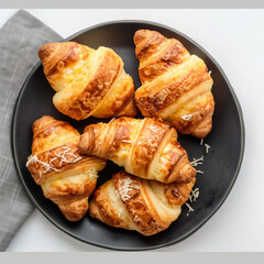 Top down view of croissants on a black plate
