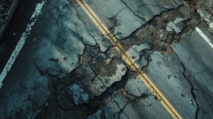 Fototapeta premium Severely Cracked Asphalt Road Surface Showing Yellow Lines