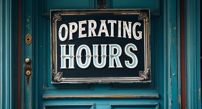 operating hours lettering on a signage in door background