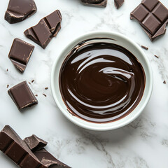 Cup with melted dark chocolate and chocolate pieces around on light marble table. Top view