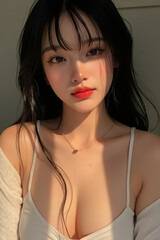 Naklejka premium Asian Model in Tropical Environment - Young Woman with Wet Look - Long Wet Hair and Sunny Daylight - Portrait of Eastern Beauty for Fashion or Cosmetic Model - Sunset Photoshoot