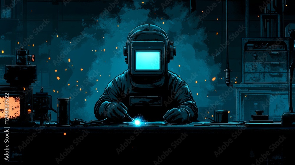 Aufkleber a skilled worker in a welding helmet operates machinery in a dimly lit industrial workshop. bright s
