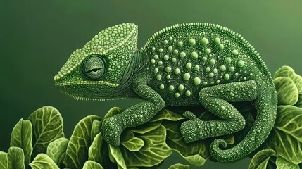 A detailed macro shot of a green chameleon blending into a leafy background, showcasing its unique skin texture and camouflage abilities.