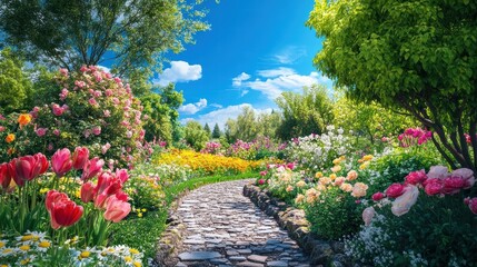 Naklejka premium spring garden path cobblestone flowers
