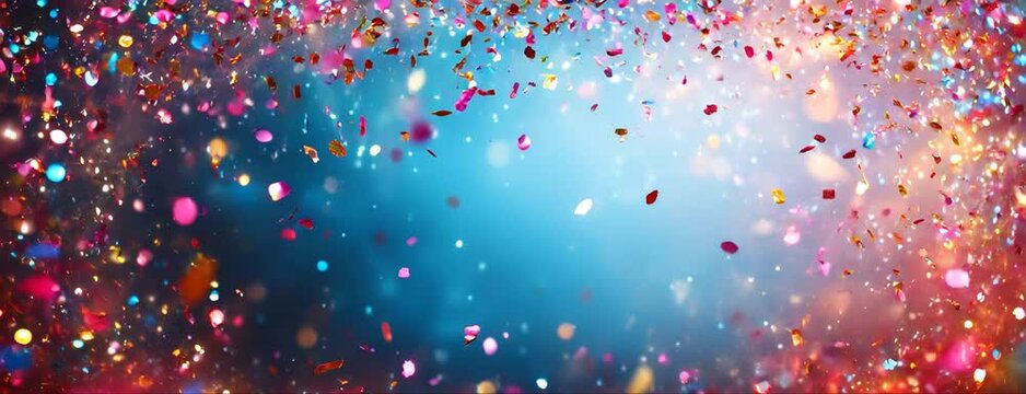 Colorful confetti falling against a vibrant blue backdrop, creating a festive and celebratory atmosphere