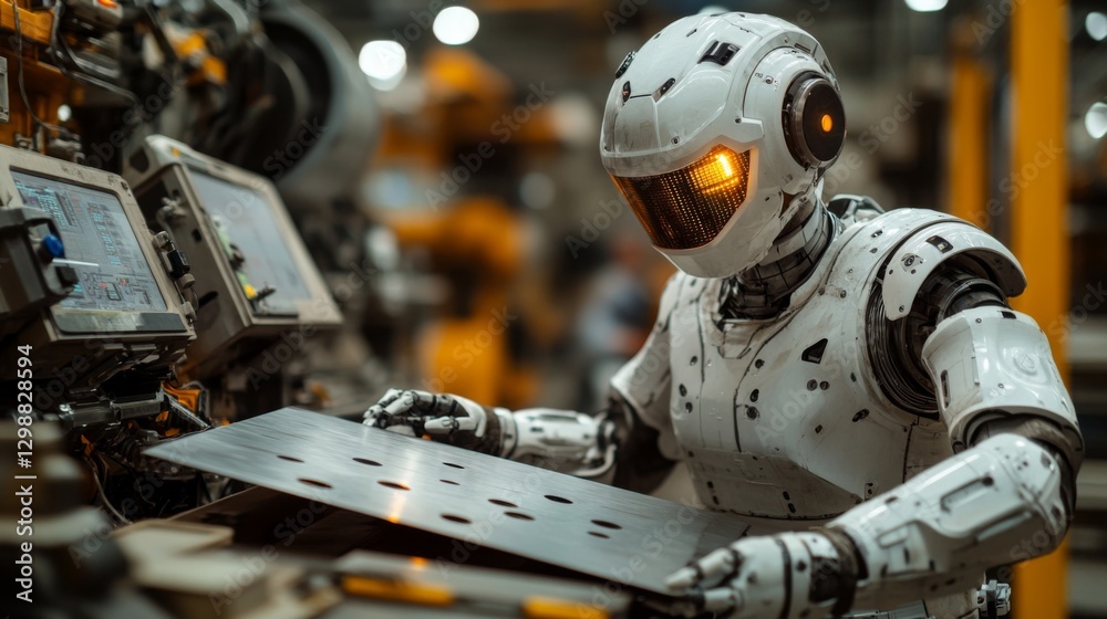 Poster A humanoid robot meticulously handles metal sheets in a bustling factory environment, showcasing cutting-edge engineering and automated assembly techniques crucial for efficient production.