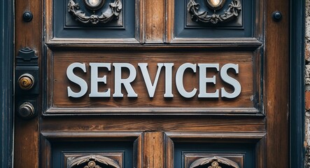 Services lettering on a signage in door background