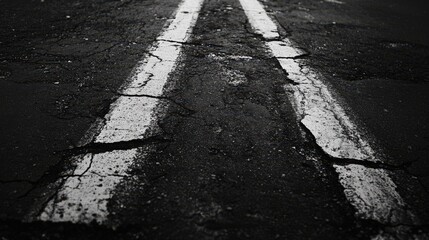 Cracked Asphalt Road with Double White Lines