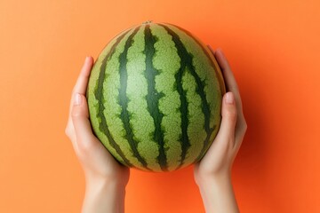 A whole watermelon is held by two human hands
