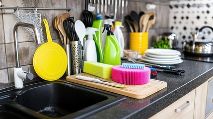 Colorful kitchen sink with cleaning supplies and dishes