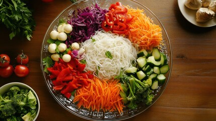 Plate of vibrant vegetable stir-fry with rice noodles