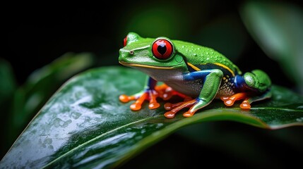 Naklejka premium A macro photograph of a green tree frog perched on a leaf, highlighting its vivid colors and textured skin in a natural habitat.