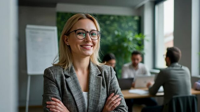 Confident businesswoman in a blazer leading a team meeting in a modern office, representing leadership, CEO, manager, and professional growth in a corporate startup environment.