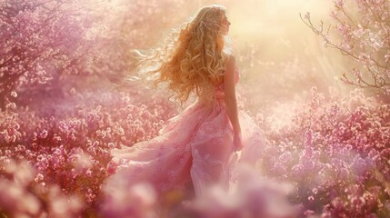 Young woman with curly blonde hair stands amidst blooming sakura trees, embodying serenity and natural beauty.