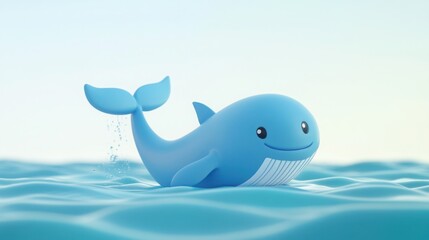 Naklejka premium Cheerful high 3D cartoon whale with a tiny water spout, placed against a simple pastel ocean background