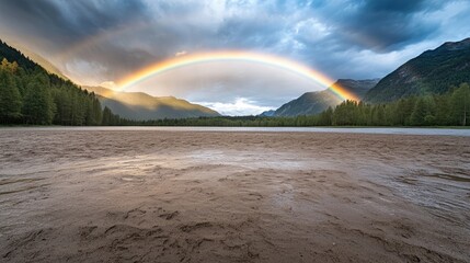 A vivid rainbow stretches across a green meadow and dense forest under a clear blue sky following a refreshing rainfall