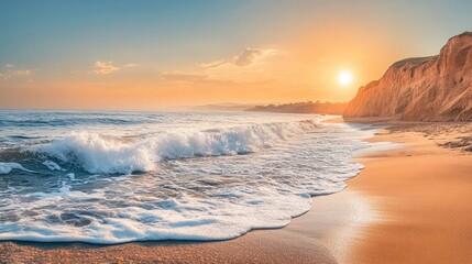Obraz premium A serene coastal scene featuring rugged cliffs, a sandy beach, and gentle waves lapping at the shore under a clear, sunny sky.