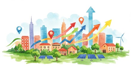 Fototapeta premium Vibrant Watercolor Illustration of Eco Friendly City with Urban Buildings and Greenery - A colorful watercolor illustration showcasing urban buildings, green trees, solar panels, and upward arrows
