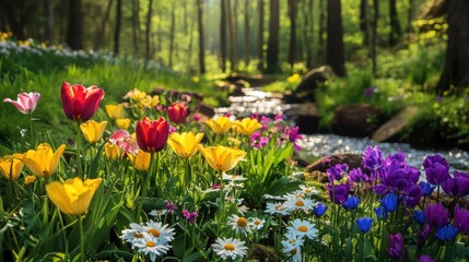 spring flowers blooming by a stream in a forest