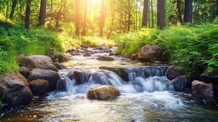 A tranquil forest stream flowing over smooth stones, surrounded by lush ferns and dappled sunlight filtering through the trees.