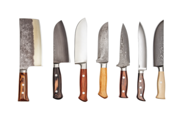 Variety of kitchen knives studio image collection isolated top-down view png background transparent
