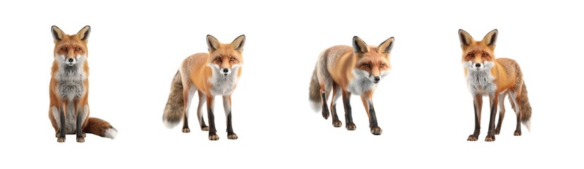 Fototapeta premium Four red foxes in various poses displaying natural beauty and curious expressions