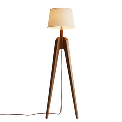 A floor lamp with three wooden legs and a white fabric shade, showcasing its elegant an isolated transparent  background. png