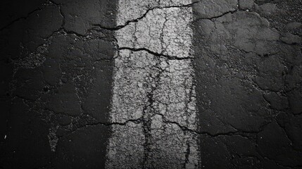 Cracked asphalt road with a faded white line