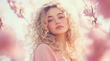 Fototapeta premium Young woman with curly blonde hair stands amidst blooming sakura trees, embodying serenity and natural beauty.