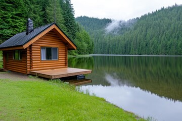 A lakeside cabin with smoke rising from the chimney, nestled among pine trees