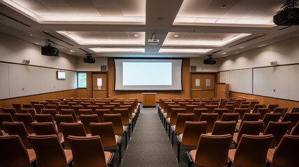 Modern auditorium with blank screen and rows of seats ready for lecture