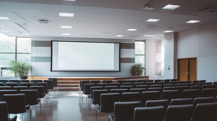 Empty presentation room with chairs and blank screen for mockup display