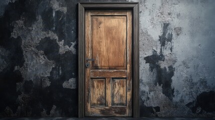 Old wooden door in a dilapidated wall