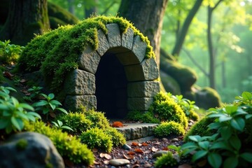 Ancient stone partially hidden by thick moss and ferns, trees, ancient stone