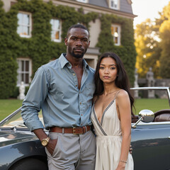 Naklejka premium Image of a loving couple of an African American man and an Asian lady against the background of an old mansion. AI generation