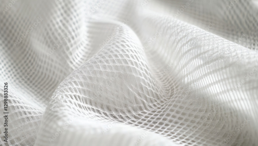 Poster white mesh fabric with subtle texture and soft folds, showcasing intricate patterns and light reflec