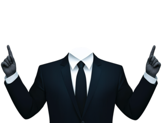 A formal figure in a suit with no head, raising both hands, suggesting authority or a call to attention.