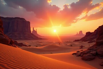 Naklejka premium Desert sunset over vast expanse of sand and rock formations, desert, earthy tones