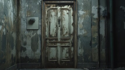 Weathered door in a dilapidated building interior